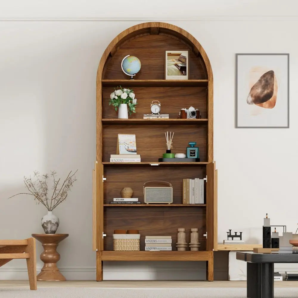 Century Arched Display Cabinet with Doors, 5 Tier Tall Display Case, 71 Inch Storage Cabinet, Large Arch Bookcase, Wooden 5 She
