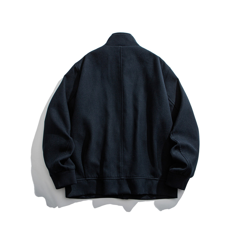 Buttoned Double Pocket Loose Stand Collar Jacket Coat