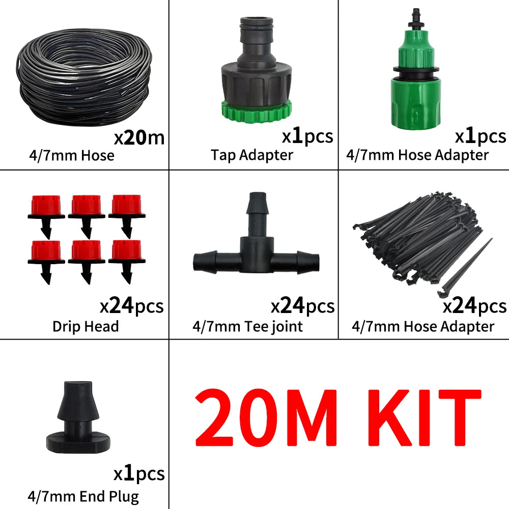 Micro Drip Irrigation System Portable 20M Automatic Watering with Adjustable Drippers Misting Watering Kits Garden Hose