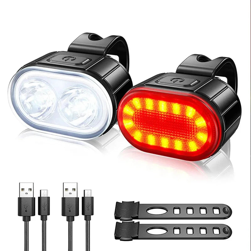 Bicycle Front & Rear Light Set Rechargeable LED Headlight Taillight Portable Floodlight for Mountain Road Biking Night Riding