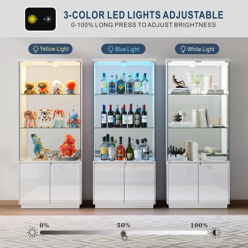 71 Display Cabinet with Glass Doorsamp3 Color LightsampLockable for Bedroom White,High Gloss Curio Cabinet with Adjustable Glas
