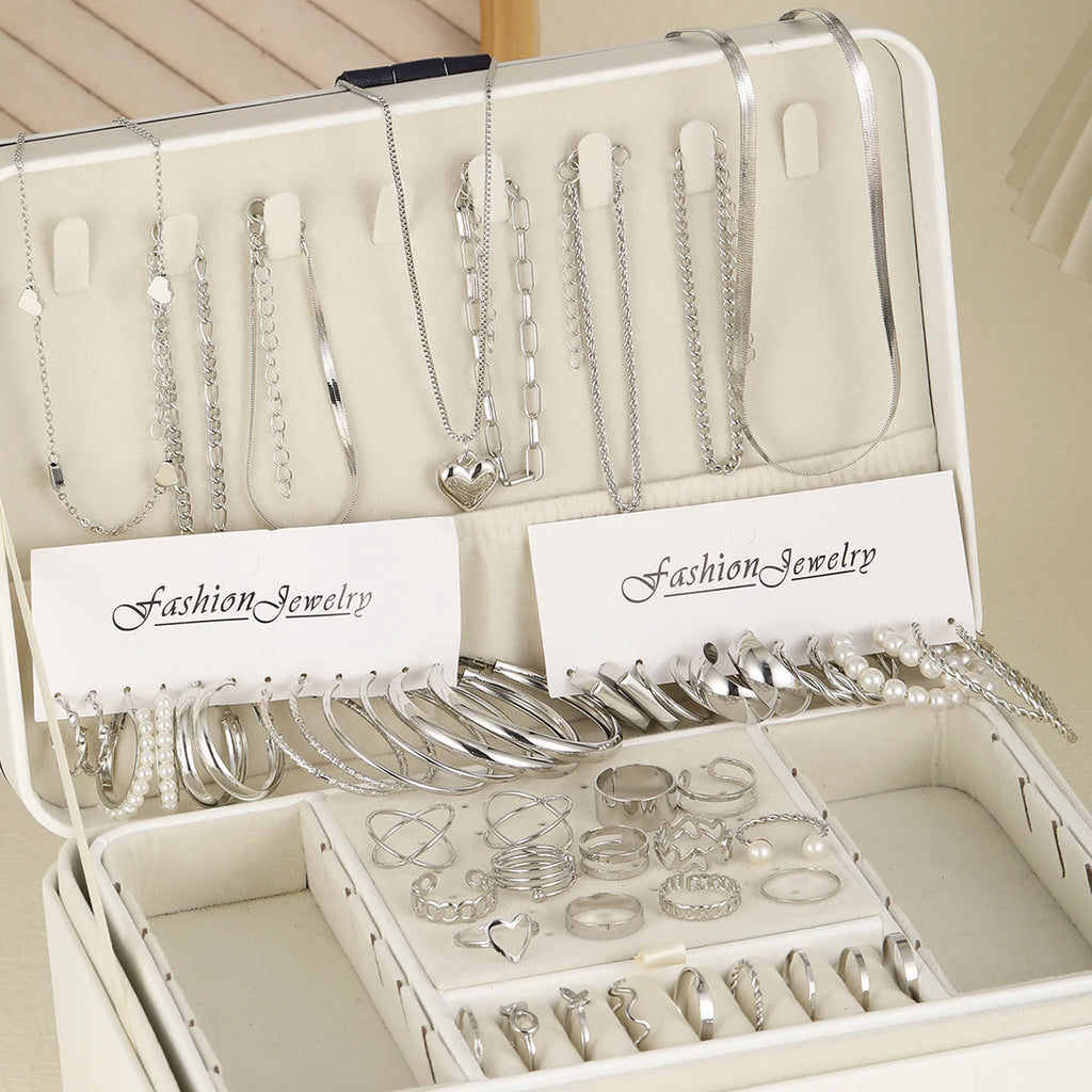 54 Pcs/Set Vintage Elegant Pearl Earrings Ring Heart Pendant Necklace Bracelet For Women Boho Daily Wear Jewelry Set Gifts 2024