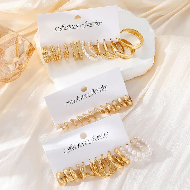 Fashion Geometric Hoop Earrings Set for Women Vintage Bohemian Pearl Gold Color Round Earring Punk Daily Wear Jewelry Gifts 2025