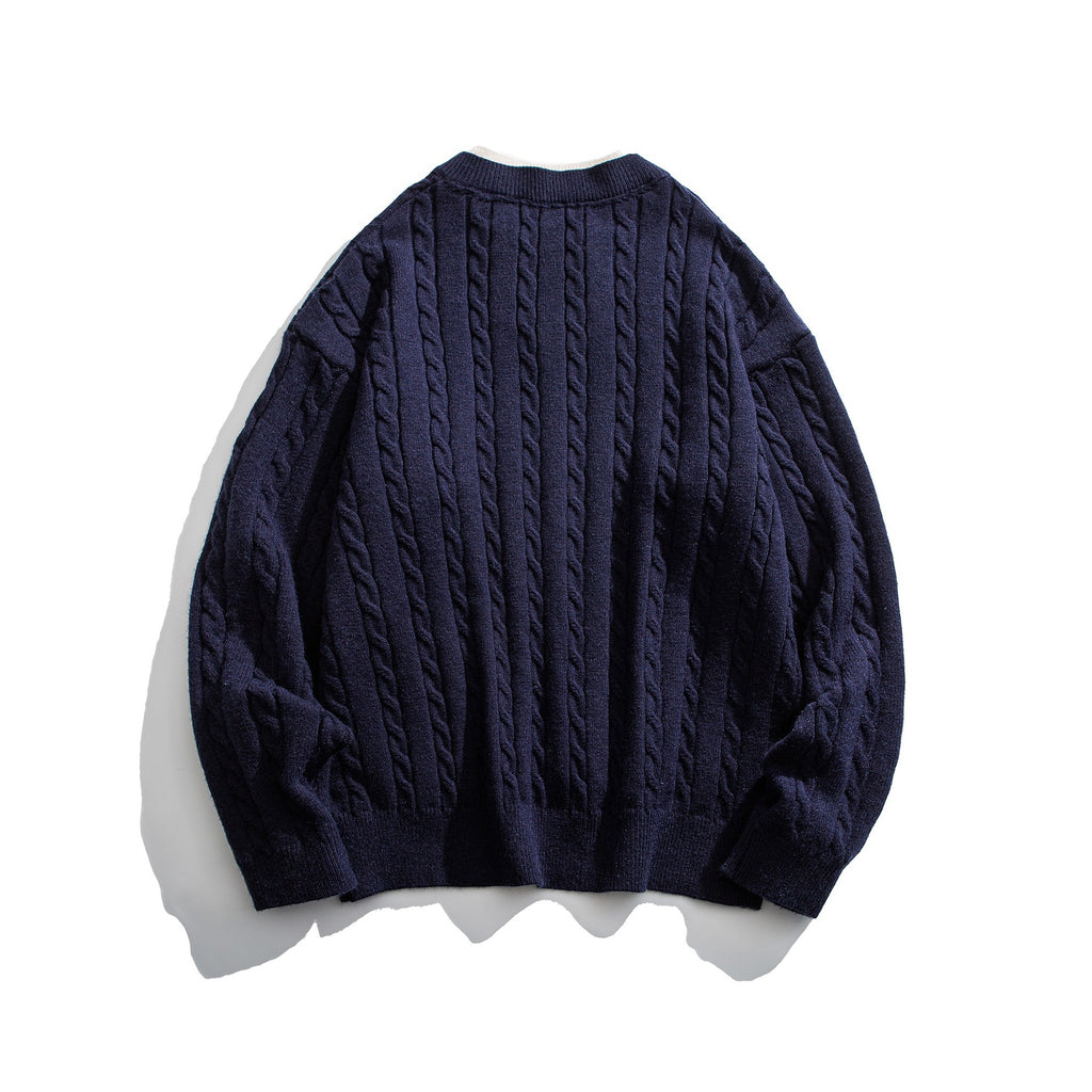 Cable Knit Design  Long Sleeve  Double Layer Collar  Pullover Knitted Sweater