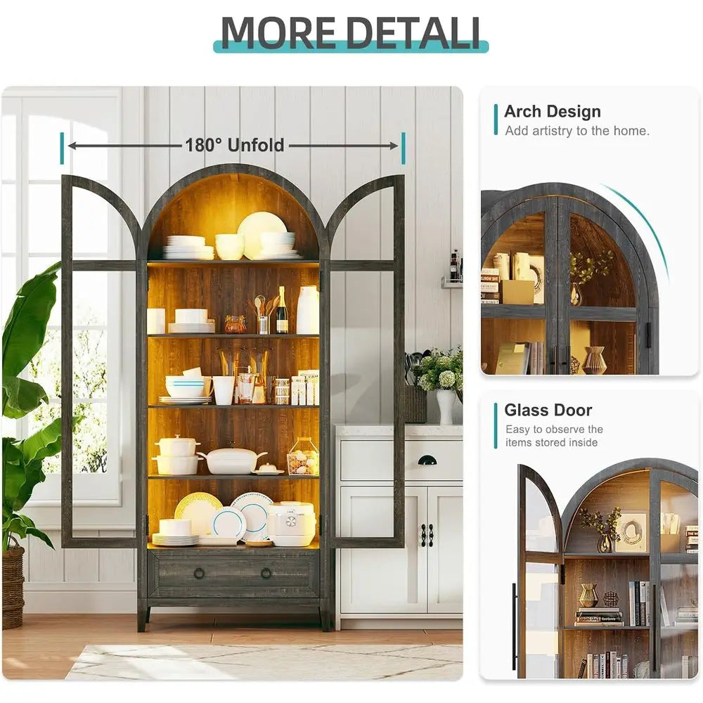 73 Arched Glass Display Cabinet with 4-Tier, Human Body Sensor, LED Lights for Collectibles, Adjustable Shelves, Brown