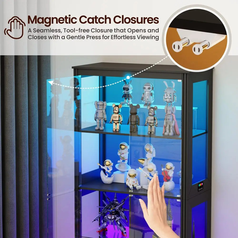 Lighted Corner Display Curio Cabinet Wooden Curved Shelving Unit with Tempered Glass Door, Bar and Liquor Storage Area with 6 S