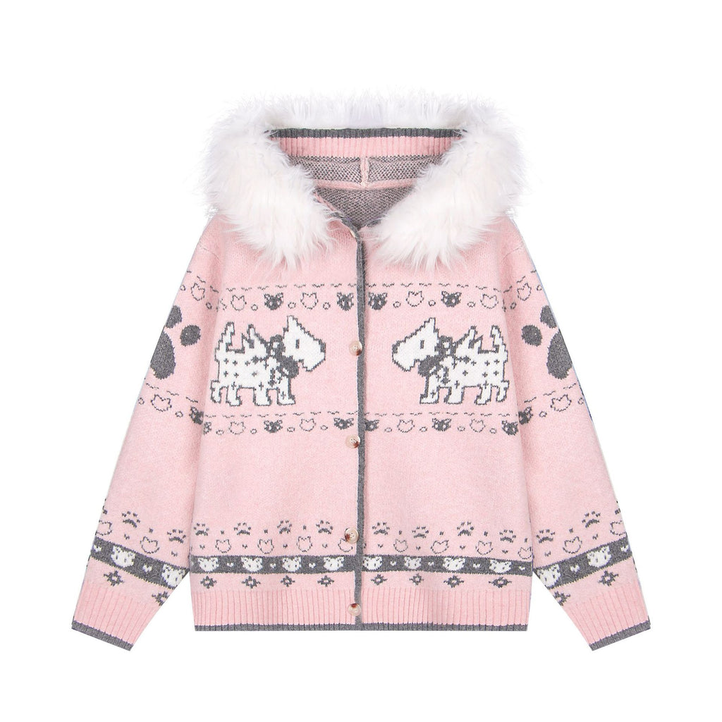 Wool collar jacquard hooded knitted sweater