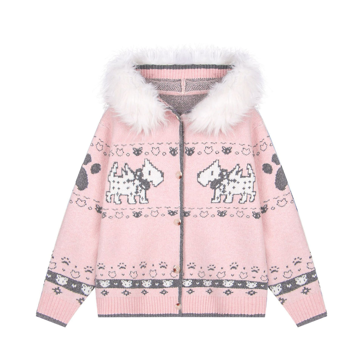 Wool collar jacquard hooded knitted sweater