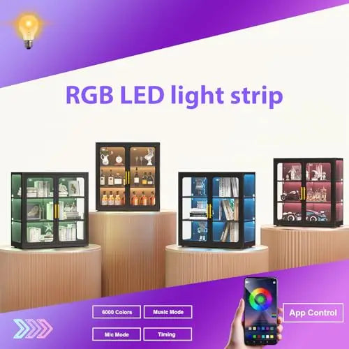 Display Cabinet with Glass Doors and RGB Lights for Collectibles | 34" Curio Cabinet with 2 Adjustable Shelves