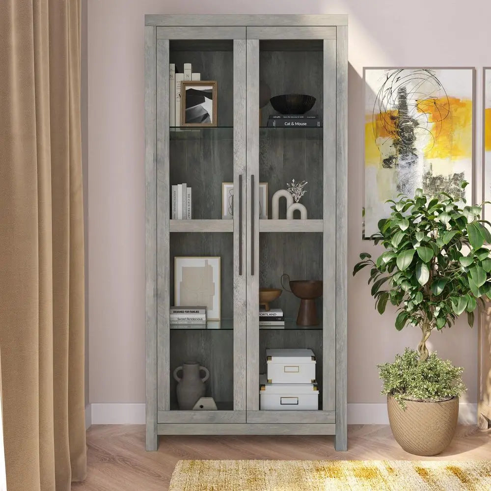 Glass Display Cabinet, Tall Curio Cabinet with Tempered Glass Doors for Living Room, Trophy Display Case Avalon Gray Wash