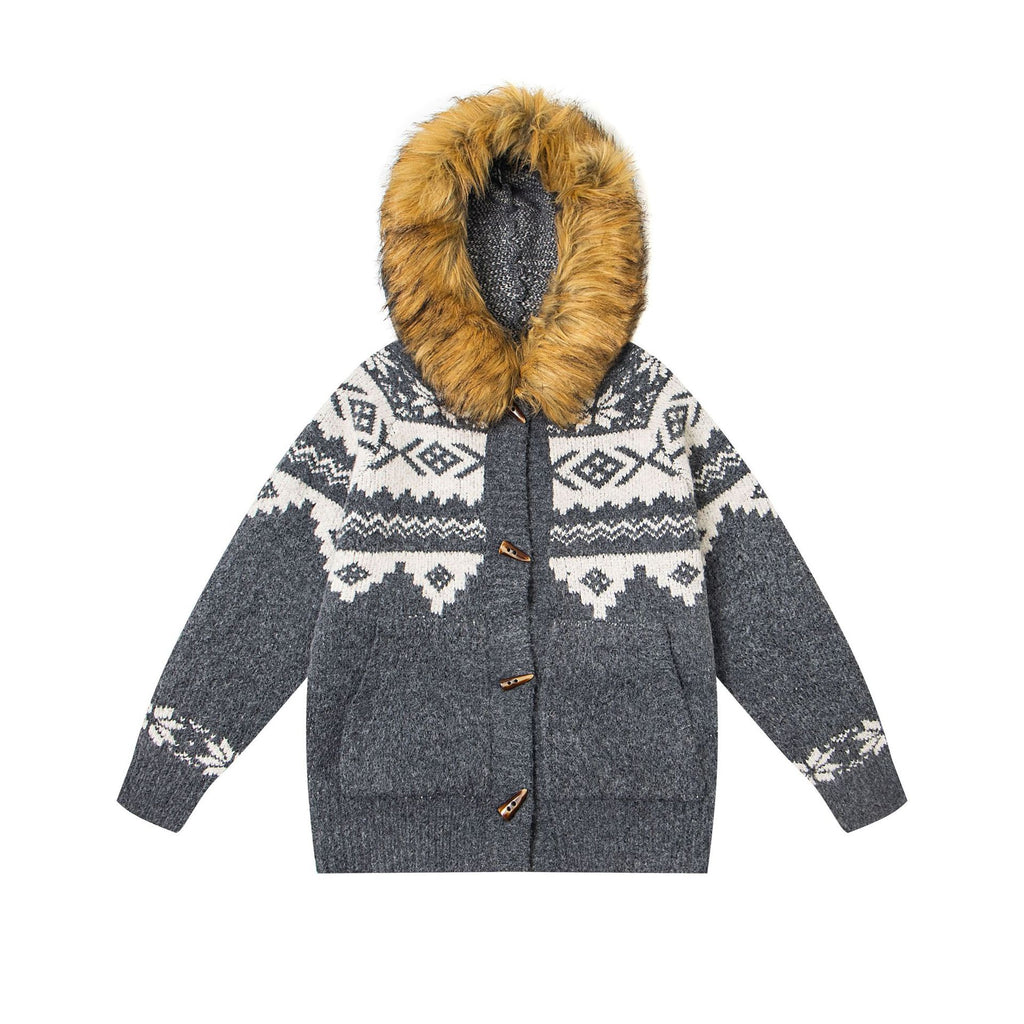 Fel Island totem jacquard cow horn button cardigan sweater