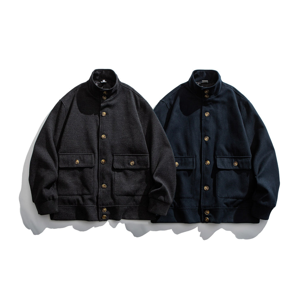 Buttoned Double Pocket Loose Stand Collar Jacket Coat