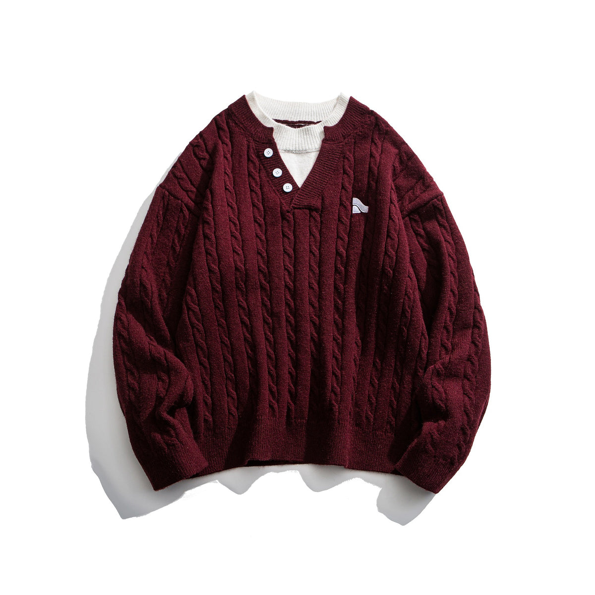 Cable Knit Design  Long Sleeve  Double Layer Collar  Pullover Knitted Sweater