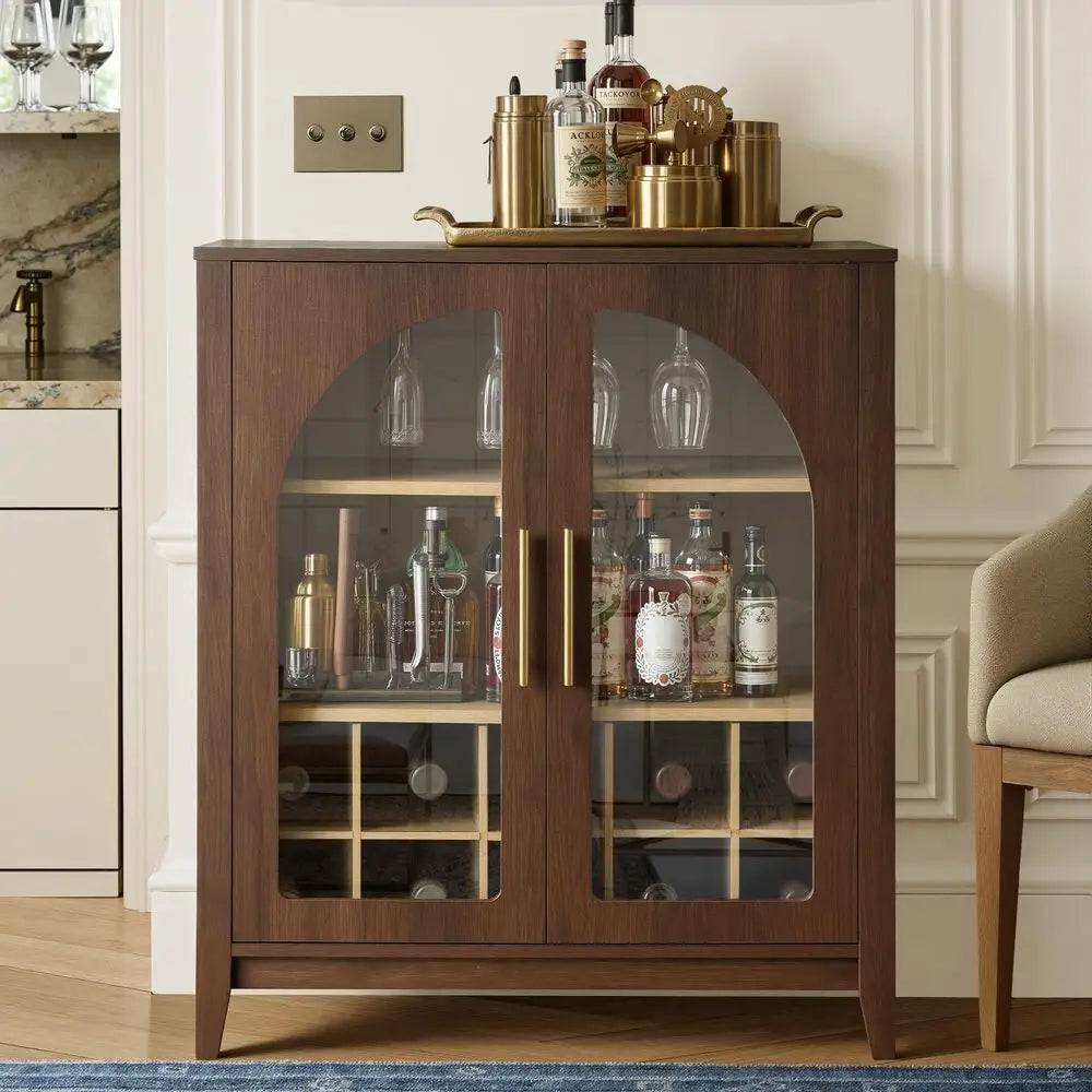 Tall Storage Cabinet Fluted Pantry Cabinets with Glass Doors, Wooden Kitchen Food Cupboard, Adjustable Shelves, Modern Display