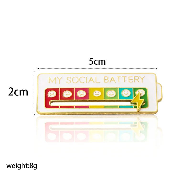 Mood Expression Pins for Women Men My Social Battery Brooches on Clothes Funny Alloy Badge Gifts
