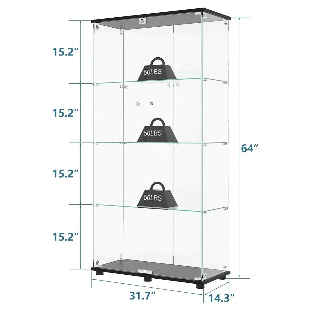 Display Cabinet with 4Shelf Double Doors and Lock, Curio Cabinet 5mm Tempered Glass Floor Standing Bookshelf for Living Room, B