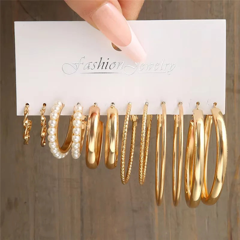 Fashion Geometric Hoop Earrings Set for Women Vintage Bohemian Pearl Gold Color Round Earring Punk Daily Wear Jewelry Gifts 2025