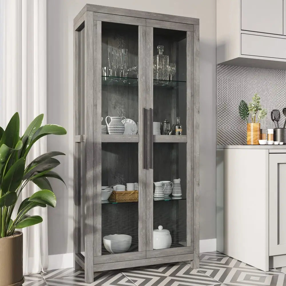 Glass Display Cabinet, Tall Curio Cabinet with Tempered Glass Doors for Living Room, Trophy Display Case Avalon Gray Wash
