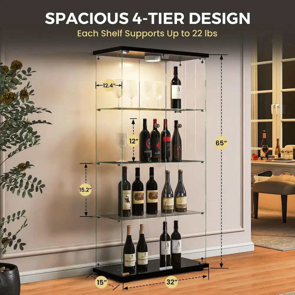 Display Cabinet with LED Lights and Lock, 4Shelf Tempered Glass Curio Cabinet with 2 Doors, Collectible Display Showcase for Li
