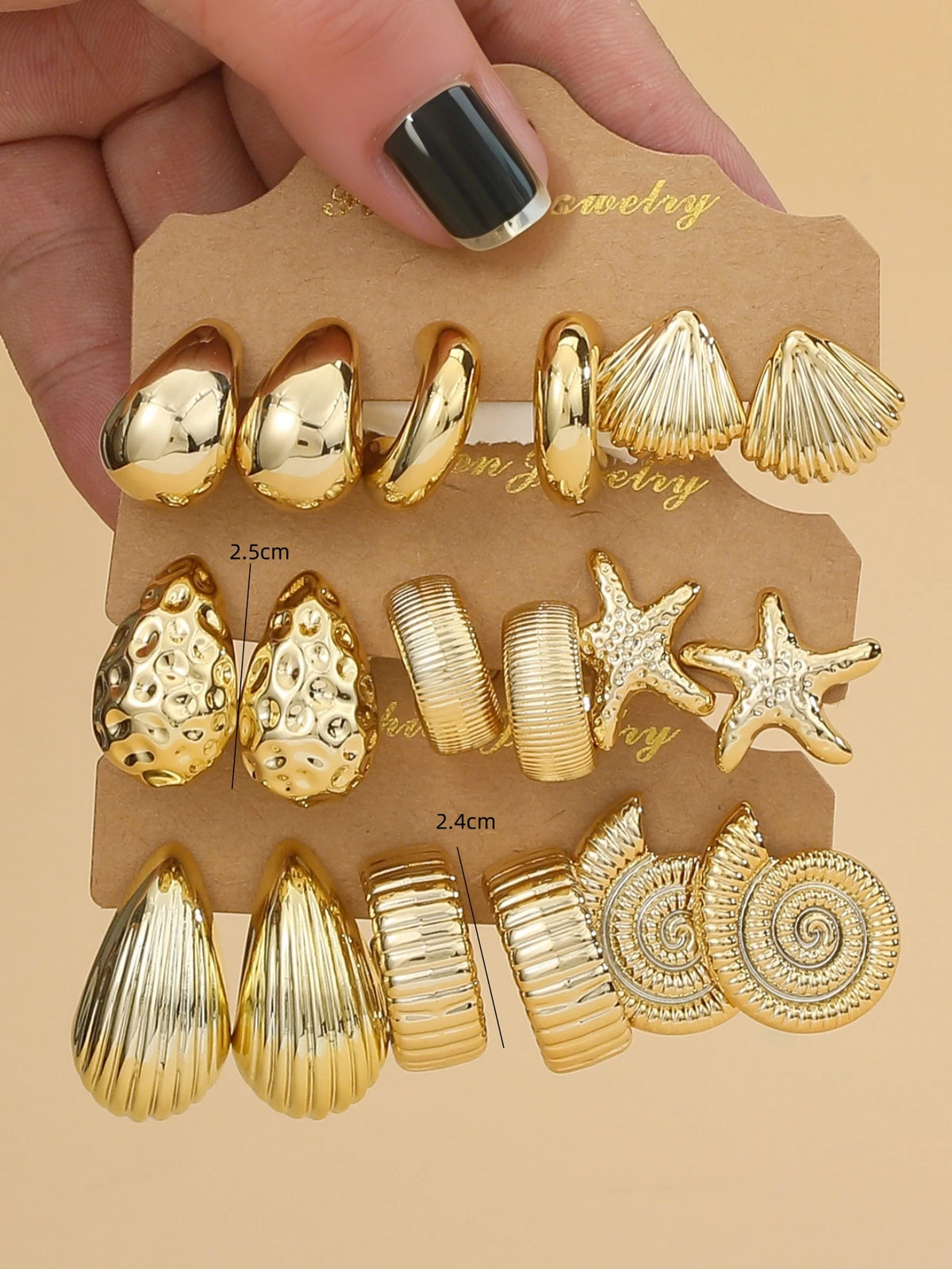 3PAIRS-6PAIRS/Set Fashionable &Golden Starfish, Seashell, Smooth Water Drop,Textured C-Shape Earrings Set,Travel & Vacation Wear