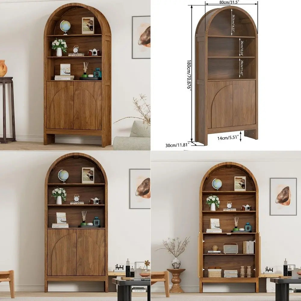Century Arched Display Cabinet with Doors, 5 Tier Tall Display Case, 71 Inch Storage Cabinet, Large Arch Bookcase, Wooden 5 She