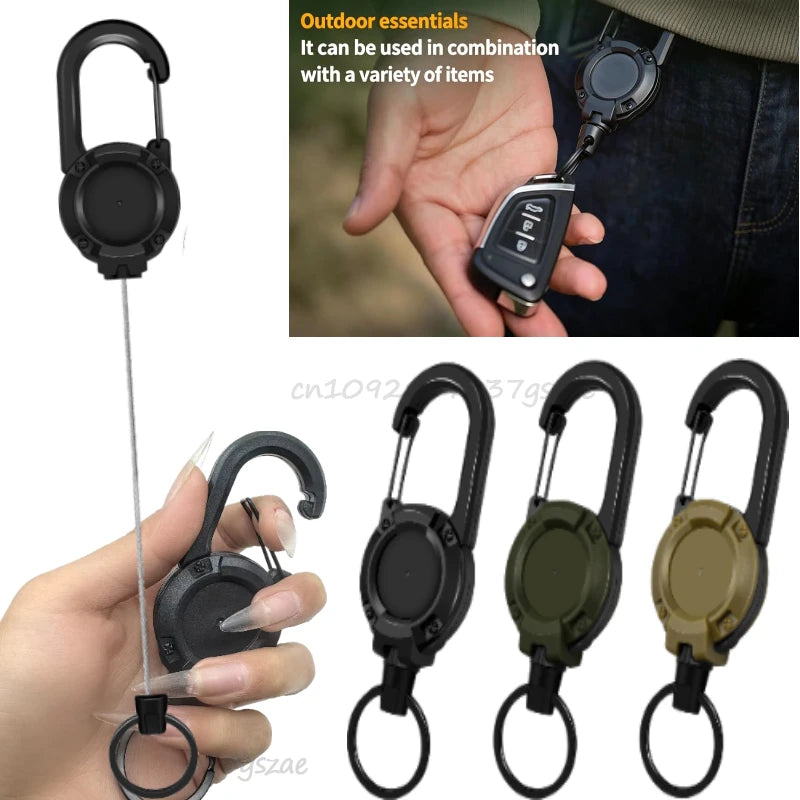 Retractable Heavy Duty Pull Reel Carabiner Strong Steel Wire Rope Buckle Spring Key Ring Outdoor Sporty Attachment Keychain Tool