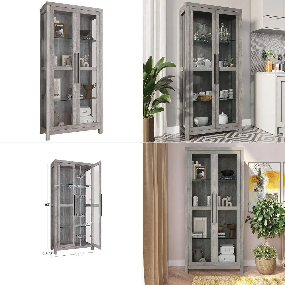 Glass Display Cabinet, Tall Curio Cabinet with Tempered Glass Doors for Living Room, Trophy Display Case Avalon Gray Wash