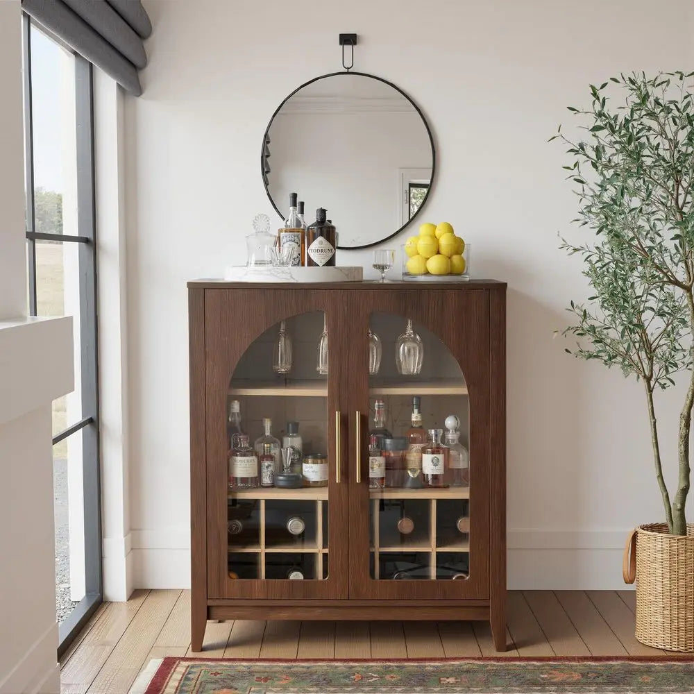 Tall Storage Cabinet Fluted Pantry Cabinets with Glass Doors, Wooden Kitchen Food Cupboard, Adjustable Shelves, Modern Display