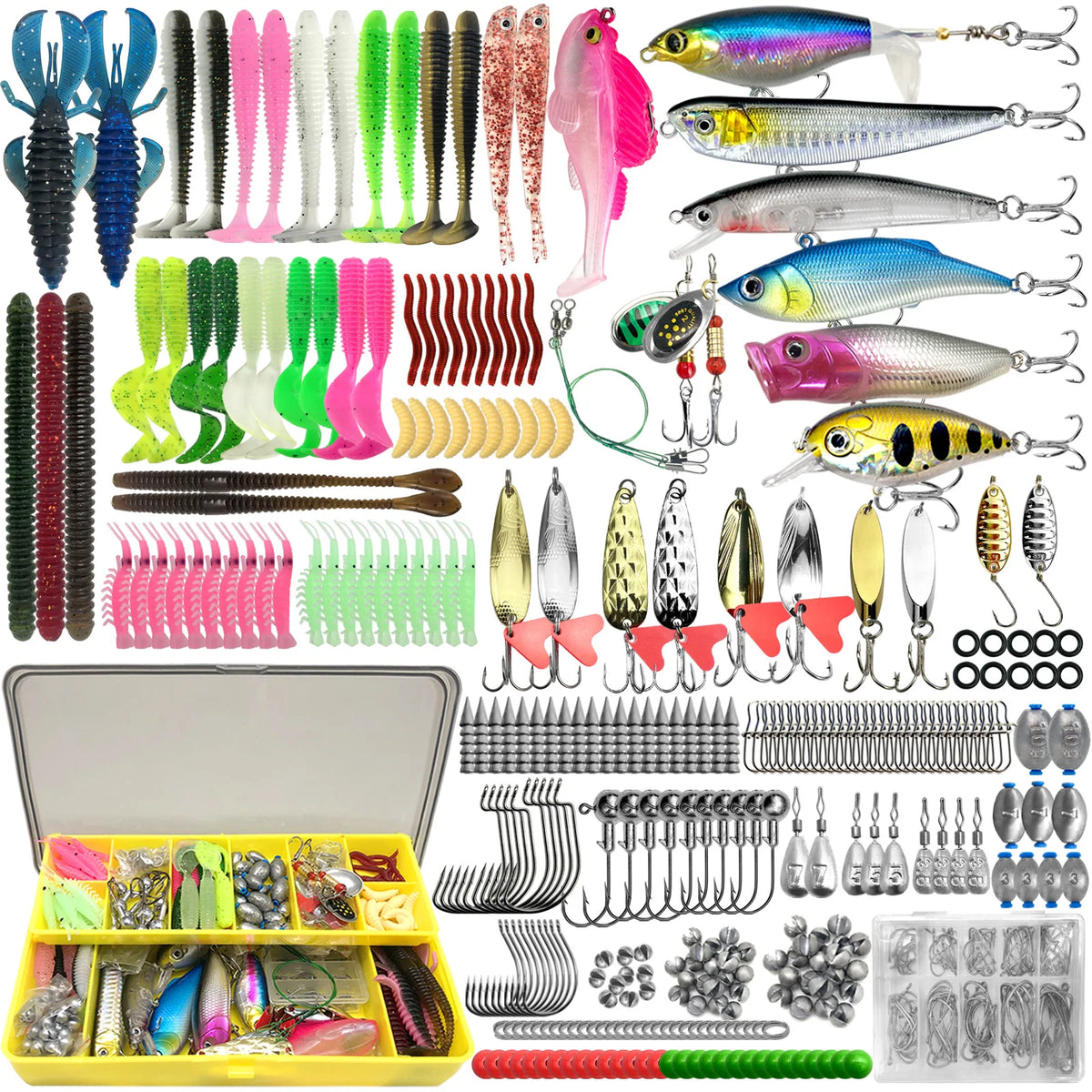84/107pcs Fishing Lure Kit Soft and Hard Bait Set Gear Layer Metal Jig Spoon For Bass Pike Crank Tackle Accessories with Box