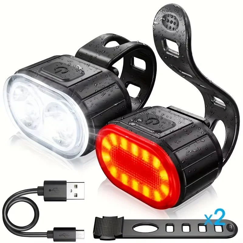 Bicycle Front & Rear Light Set Rechargeable LED Headlight Taillight Portable Floodlight for Mountain Road Biking Night Riding