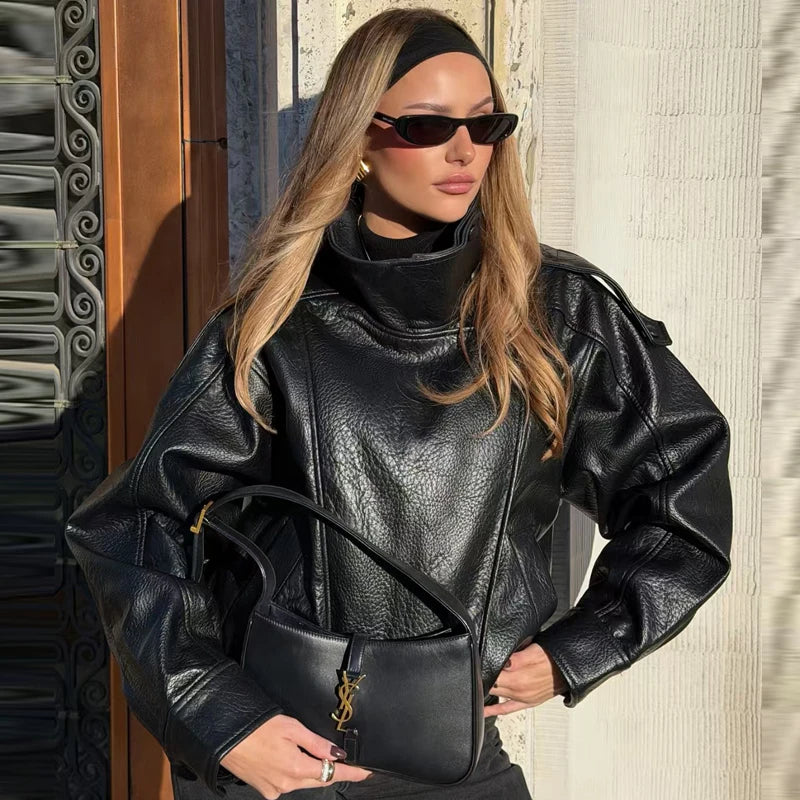 HXAO Faux Leather Black Jackets For Woman New Arrival Cropped Oversize Bomber Jacket Zip-Up Long Sleeve Coats Motorcycle Jackets