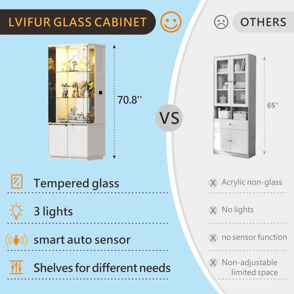 71 Tall Display Cabinet with Glass Doors, Modern Curio Cabinet Display Cases for Collectibles, Living Room Bookcase Locking Cab