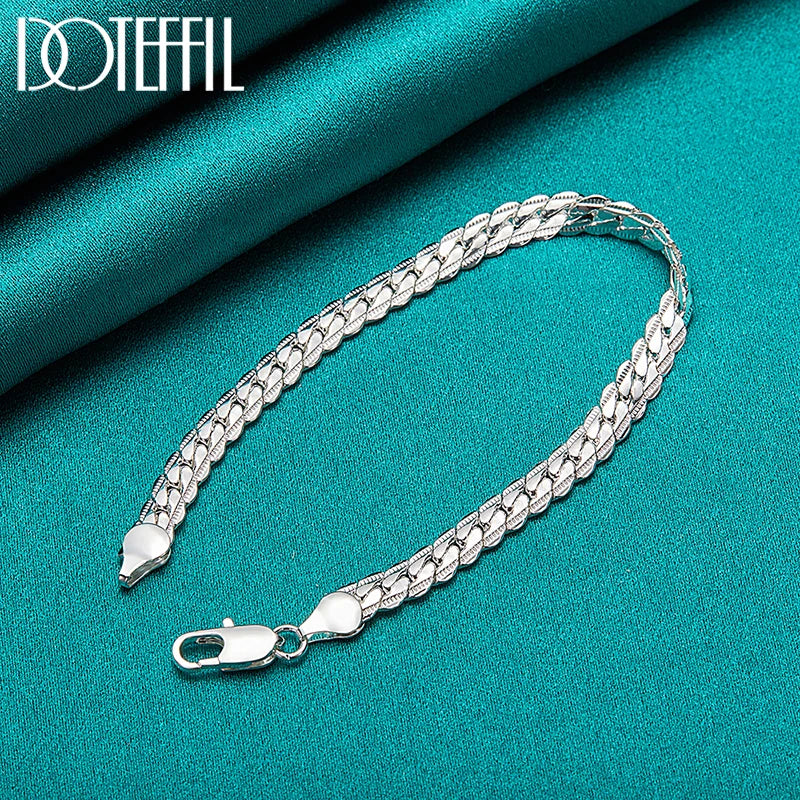 DOTEFFIL 925 Silver Bracelet 6mm 18/19/20cm Flat Side Chain Lobster Clasp For Woman Man Wedding Engagement Jewelry