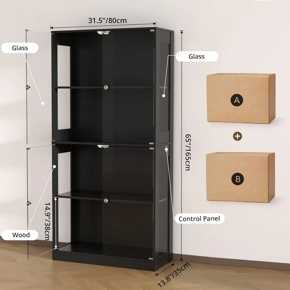 65 Glass Door Display Cabinet, 4-Tier Curio with Sensor Lighting, Living Room Bookcase Storage