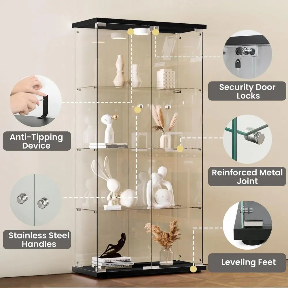 Display Cabinet with LED Lights and Lock, 4Shelf Tempered Glass Curio Cabinet with 2 Doors, Collectible Display Showcase for Li