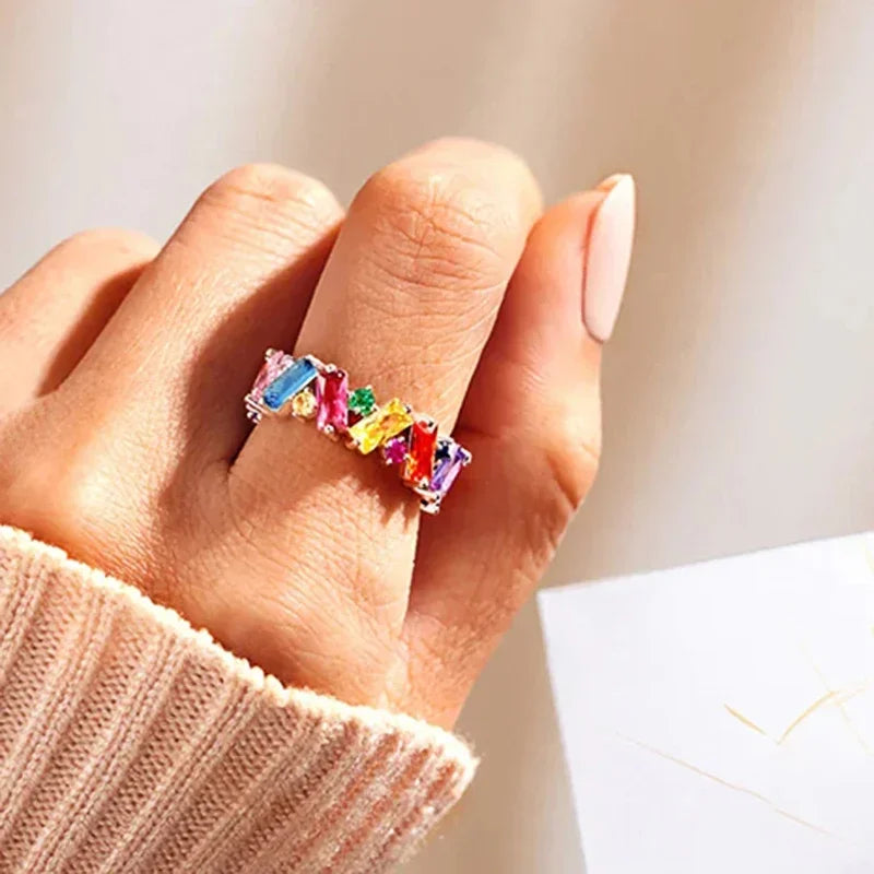 Huitan Bright Rainbow Cubic Zirconia Ring Women Fashion Summer Jewelry Young Lady Dainty Gift Accessories Jewelry