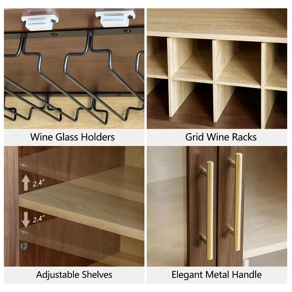 Tall Storage Cabinet Fluted Pantry Cabinets with Glass Doors, Wooden Kitchen Food Cupboard, Adjustable Shelves, Modern Display